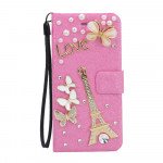 Wholesale Galaxy S6 Edge Crystal Flip Leather Wallet Case with Strap (Eiffel Tower Hot Pink)